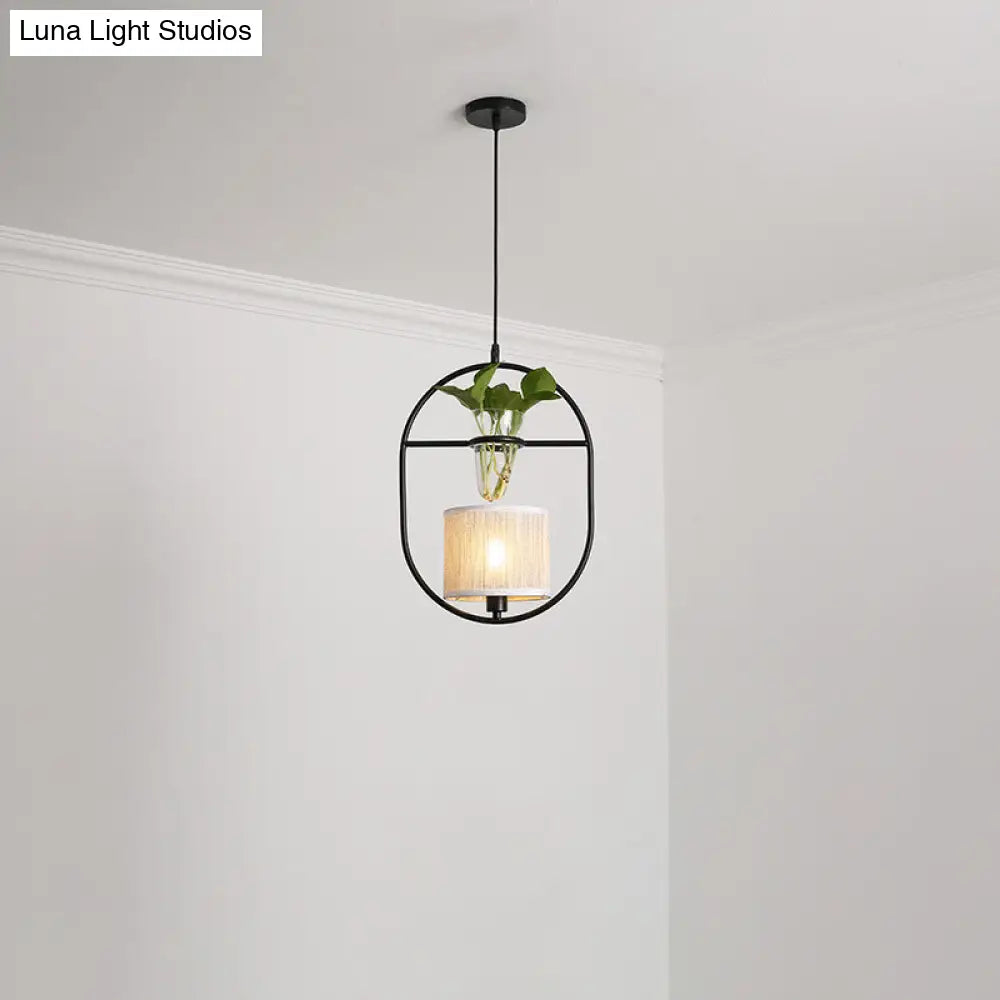 Rustic Pendant Light With Plant Pot And Oval/ Trapezoid Frame In Black - Perfect For Cafes