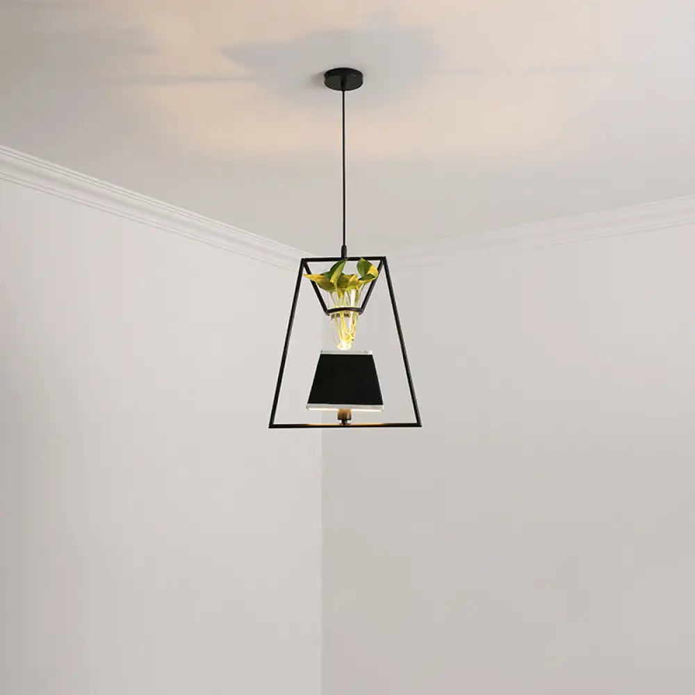 Rustic Pendant Light With Plant Pot And Oval/ Trapezoid Frame In Black - Perfect For Cafes /