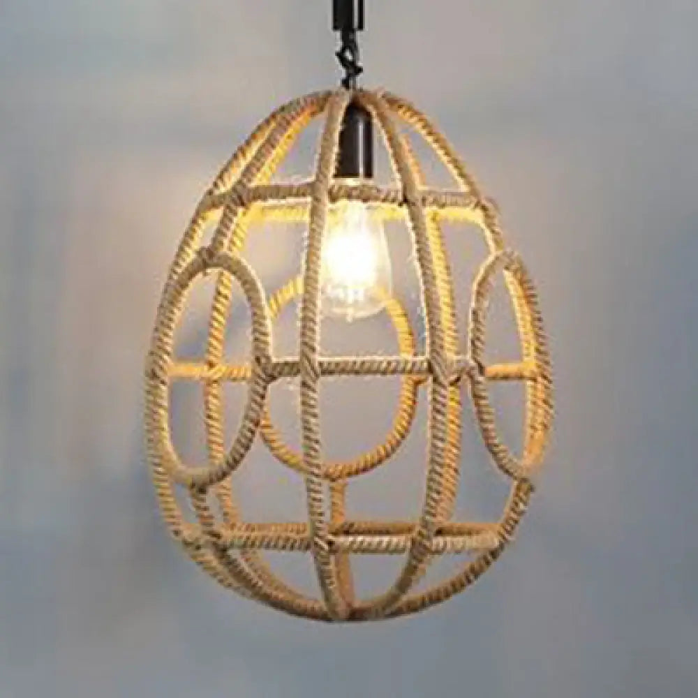 Rustic Pendant Lighting With Oval Cage Shade And Rope Detail - 1 Bulb Suspended Lamp In Beige Ideal