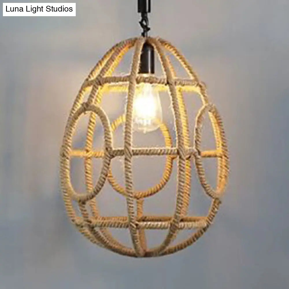 Rustic Beige Pendant Lighting: 1 Bulb Oval Cage Suspended Lamp For Restaurants With Rope Shade