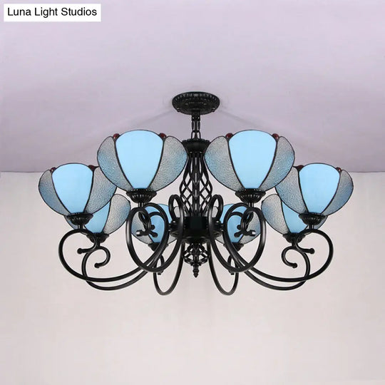 Rustic Petal Chandelier Light With Blue And Clear Glass Shades - 8 Lights For Hallway