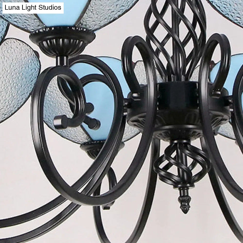 Rustic Petal Shape Chandelier - Light Blue And Clear Glass Shade 8-Light Pendant For Hallway