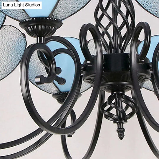 Rustic Petal Chandelier Light With Blue And Clear Glass Shades - 8 Lights For Hallway