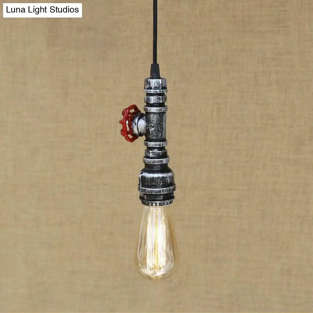 Rustic Pipe Hanging Lamp 1-Bulb Wrought Iron Light Fixture With Red Valve In Black/Silver/Brass