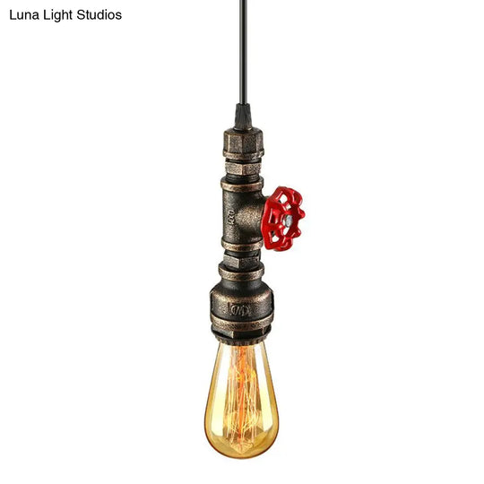 Rustic Pipe Hanging Lamp: Farmhouse Style Wrought Iron Light Fixture With Red Valve -