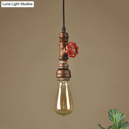 Rustic Pipe Hanging Lamp 1-Bulb Wrought Iron Light Fixture With Red Valve In Black/Silver/Brass