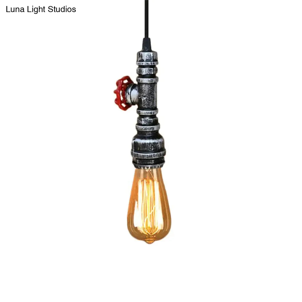 Rustic Pipe Hanging Lamp: Farmhouse Style Wrought Iron Light Fixture With Red Valve -