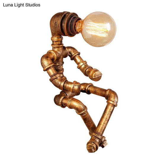 Rustic Pipe Robot Iron Nightstand Lamp In Bronze For Cafe