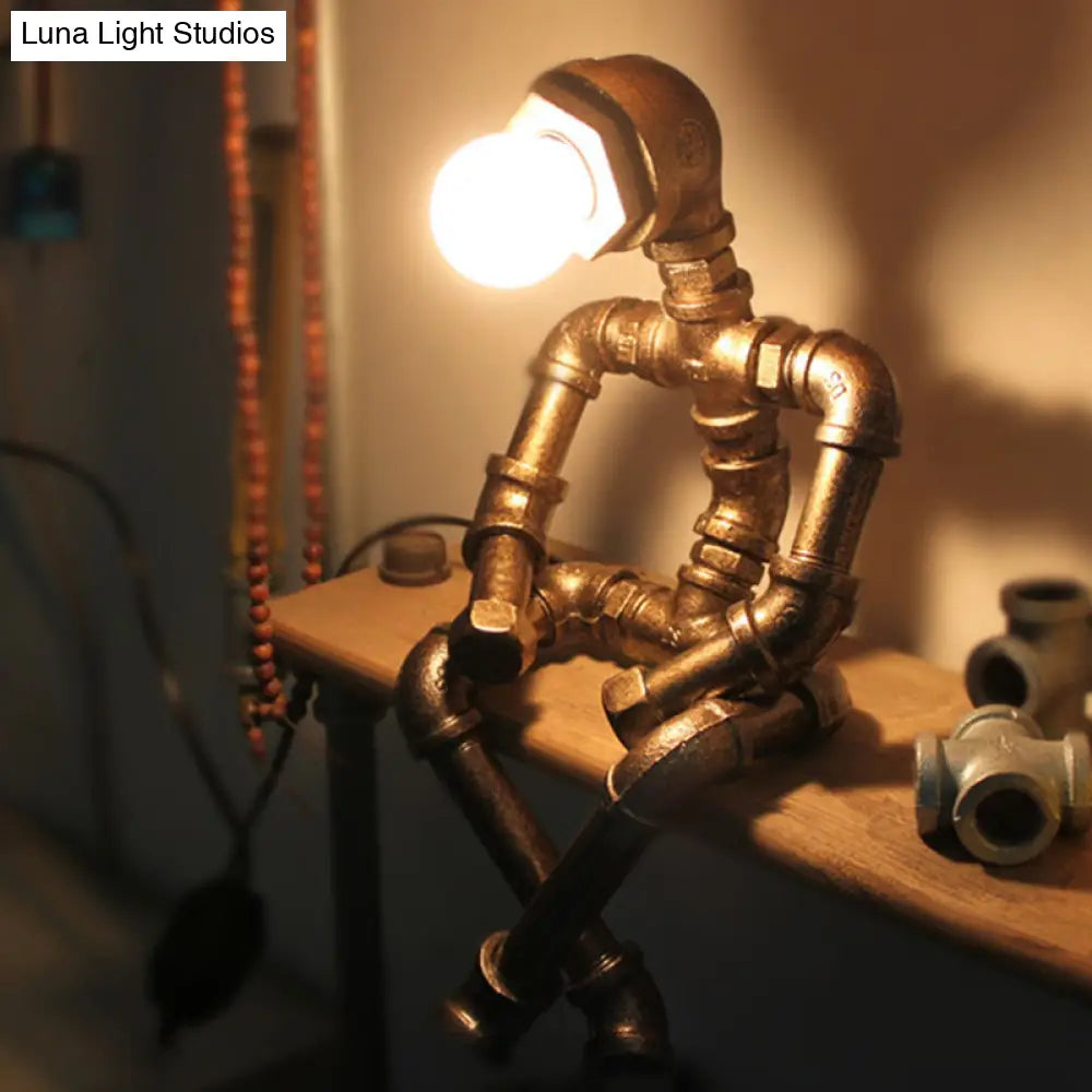 Rustic Pipe Robot Iron Nightstand Lamp In Bronze For Cafe