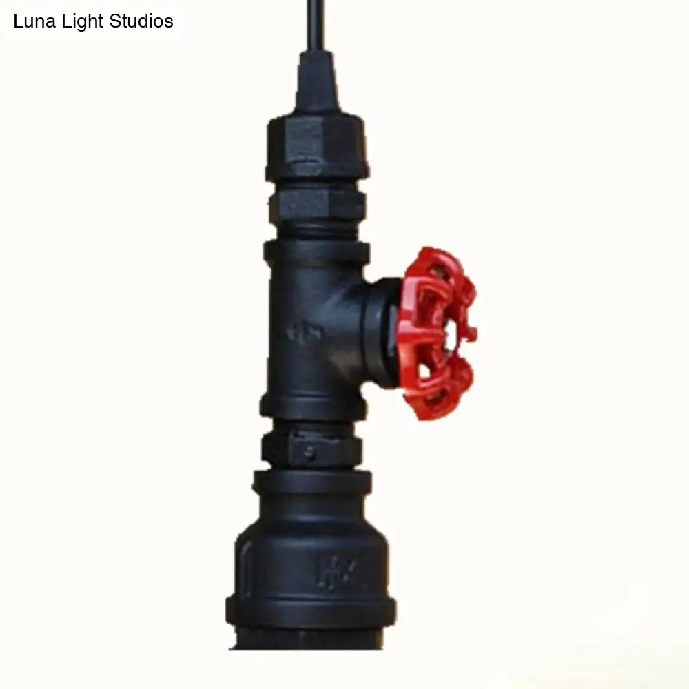 Rustic Piping Pendant Light With Valve Decor - 1-Light Iron Suspension Fixture Black