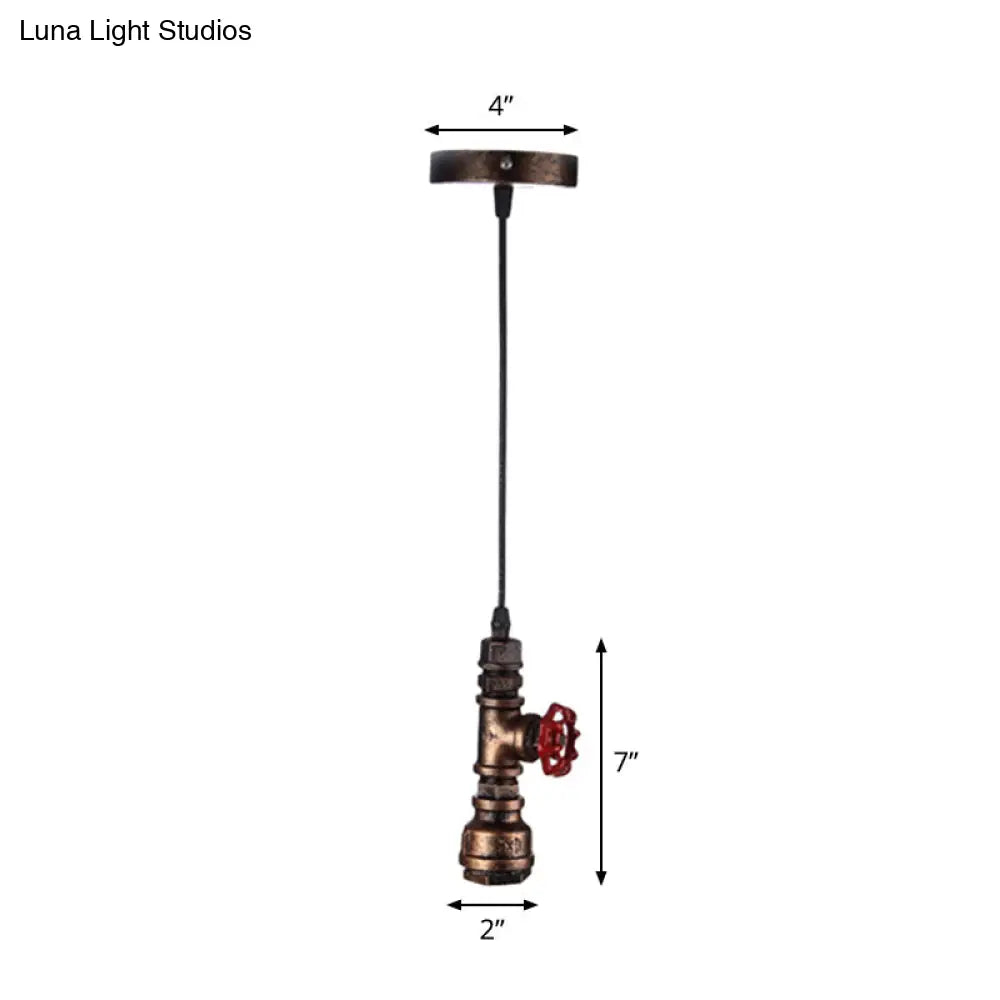 Rustic Piping Pendant Light With Valve Decor - 1-Light Iron Suspension Fixture