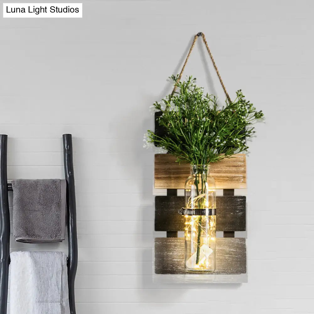 Rustic Plant Wall String Lights - Dark Green/Light Green/Yellow With Wooden Backplate