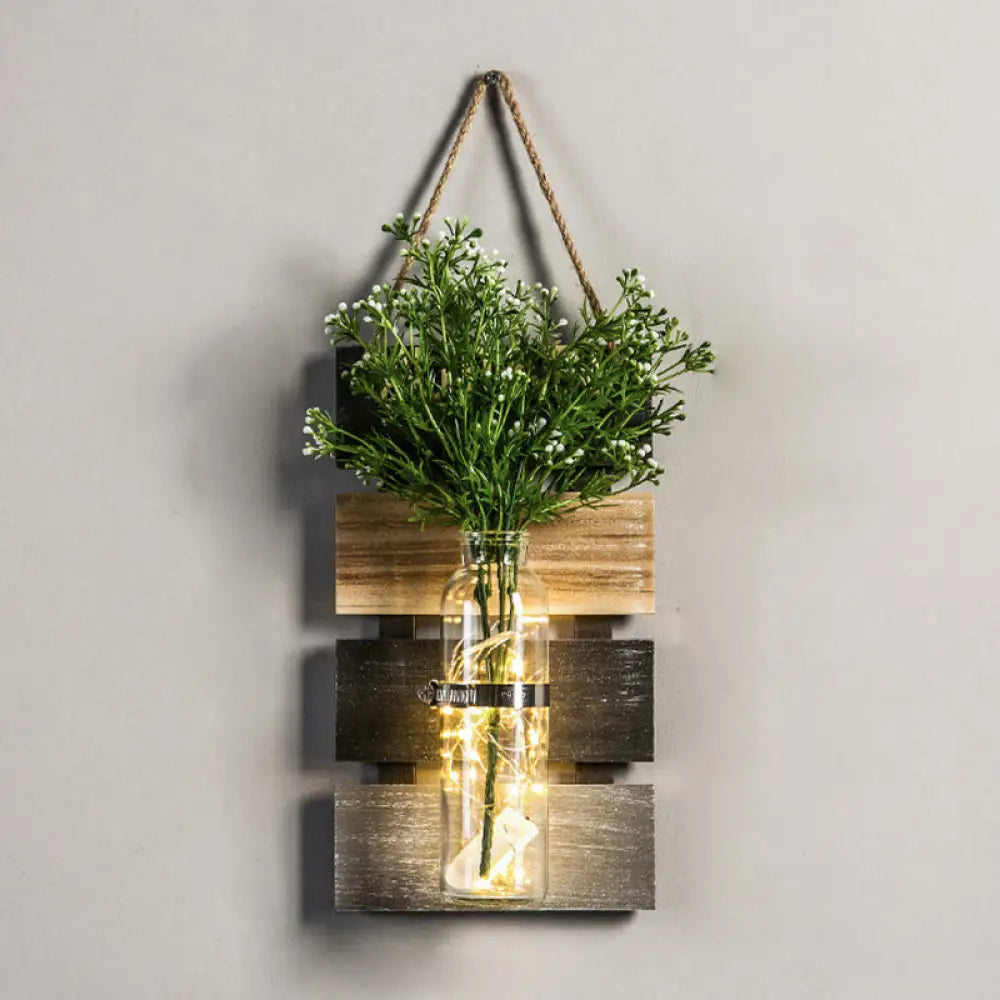 Rustic Plant Wall String Lights - Dark Green/Light Green/Yellow With Wooden Backplate Green