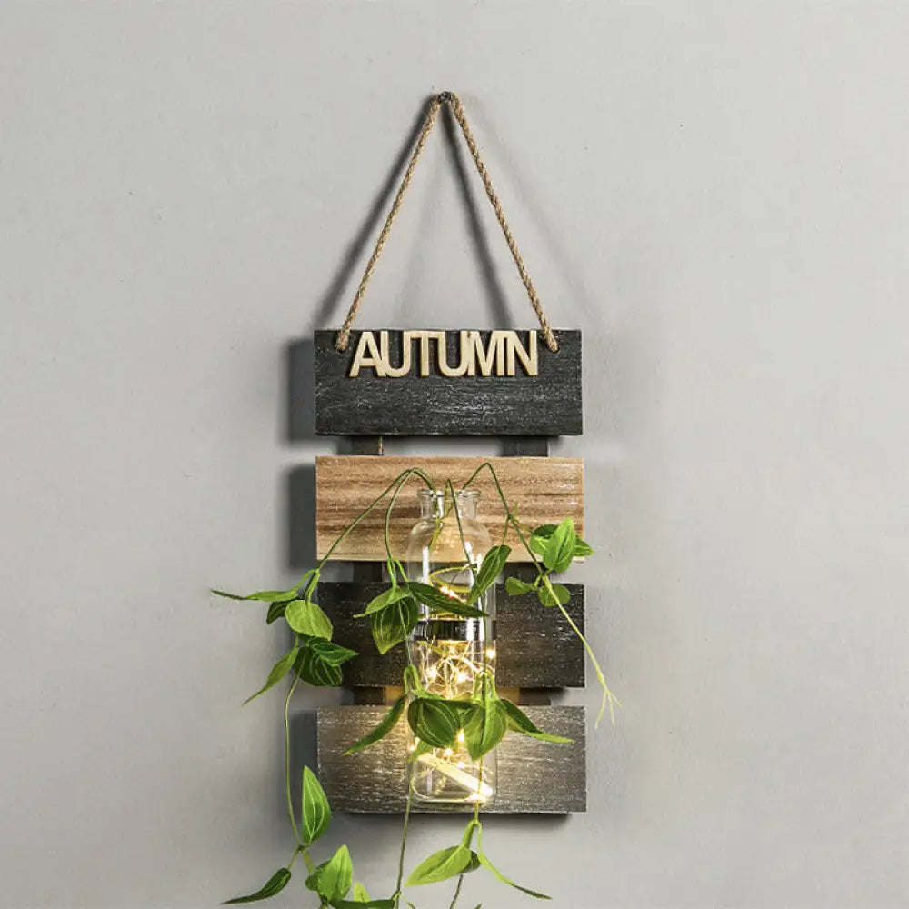 Rustic Plant Wall String Lights - Dark Green/Light Green/Yellow With Wooden Backplate Light Green