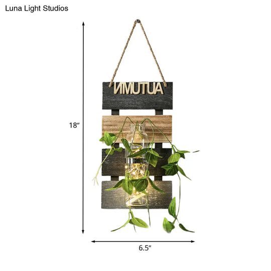 Rustic Plant Wall String Lights - Dark Green/Light Green/Yellow With Wooden Backplate