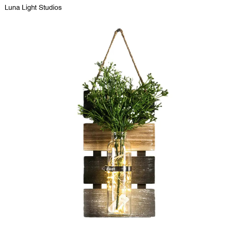 Rustic Plant Wall String Lights - Dark Green/Light Green/Yellow With Wooden Backplate