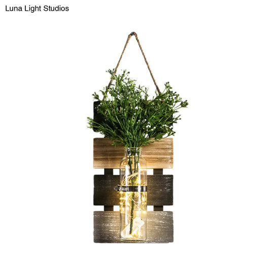 Rustic Plant Wall String Lights - Dark Green/Light Green/Yellow With Wooden Backplate