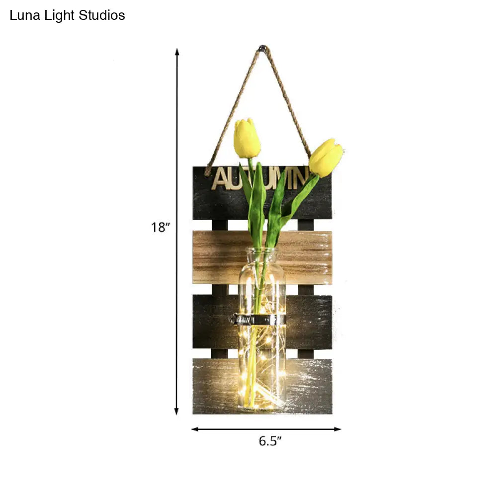 Rustic Plant Wall String Lights - Dark Green/Light Green/Yellow With Wooden Backplate