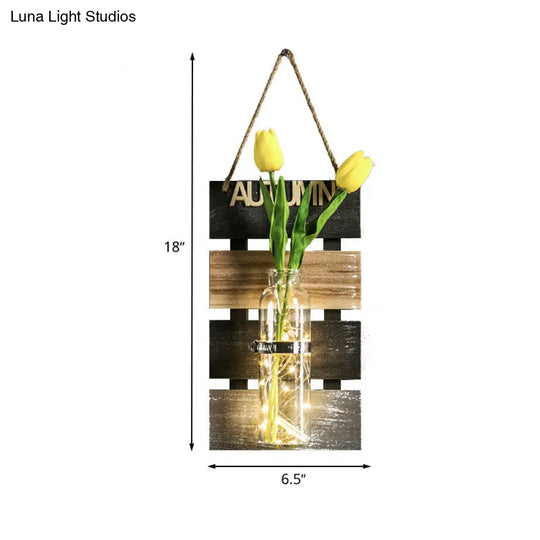 Rustic Plant Wall String Lights - Dark Green/Light Green/Yellow With Wooden Backplate