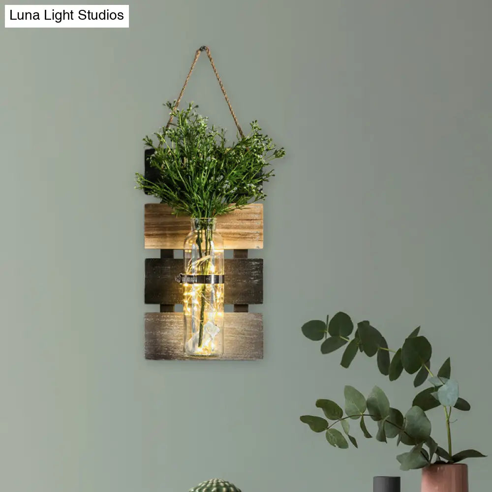 Rustic Plant Wall String Lights - Dark Green/Light Green/Yellow With Wooden Backplate