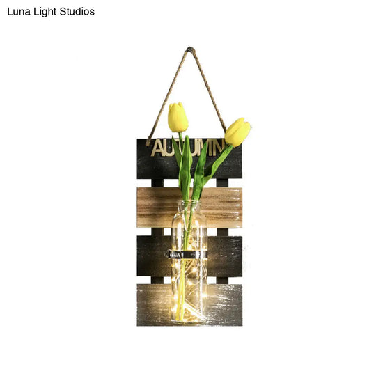 Rustic Plant Wall String Lights - Dark Green/Light Green/Yellow With Wooden Backplate