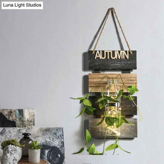 Rustic Plant Wall String Lights - Dark Green/Light Green/Yellow With Wooden Backplate