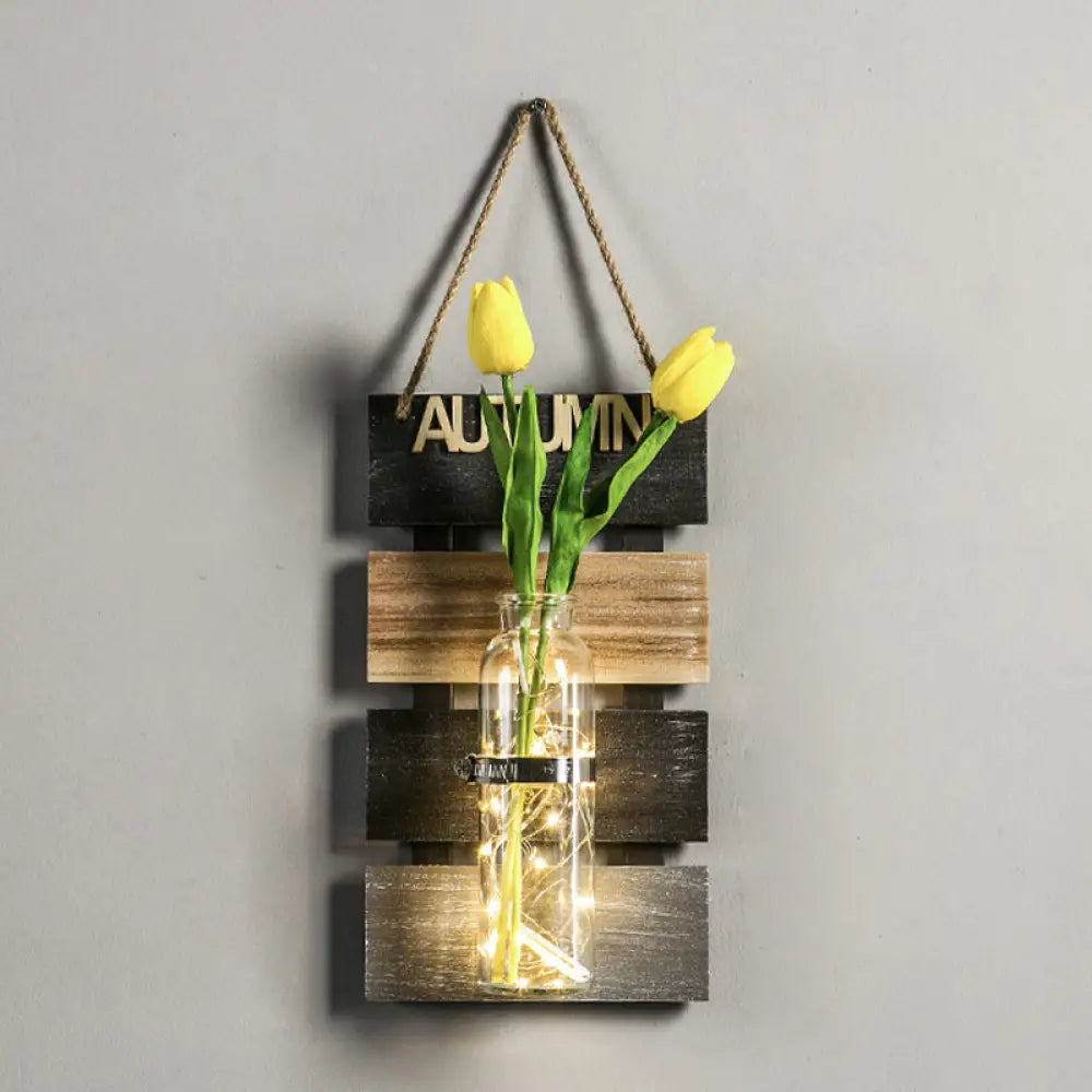 Rustic Plant Wall String Lights - Dark Green/Light Green/Yellow With Wooden Backplate Yellow