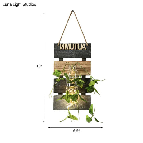 Rustic Plant Wall String Lights - Dark Green/Light Green/Yellow With Wooden Backplate