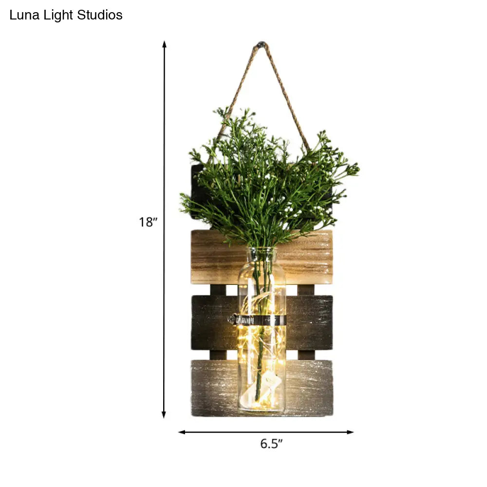 Rustic Plant Wall String Lights - Dark Green/Light Green/Yellow With Wooden Backplate