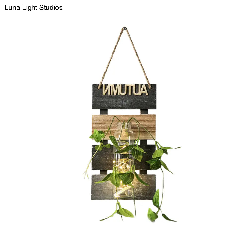 Rustic Plant Wall String Lights - Dark Green/Light Green/Yellow With Wooden Backplate