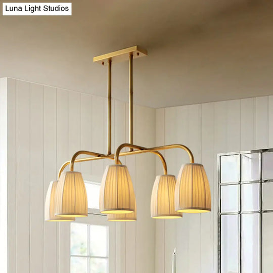 Rustic Pleated Fabric Pendant Chandelier In Gold - 3/6 Bulbs Hanging Light For Dining Table