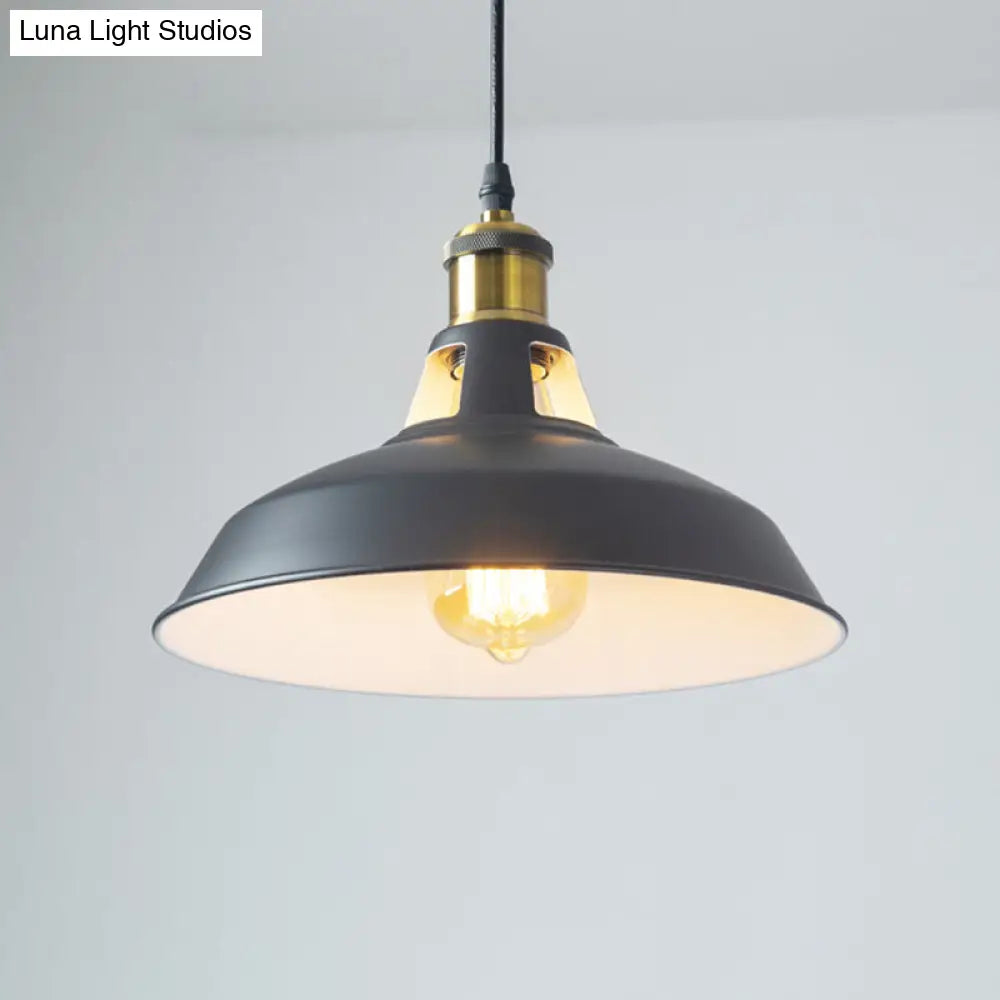 Rustic Pot-Lid Suspension Lighting: 1-Head Iron Hanging Light With Venting Hole For Bar Black Outer