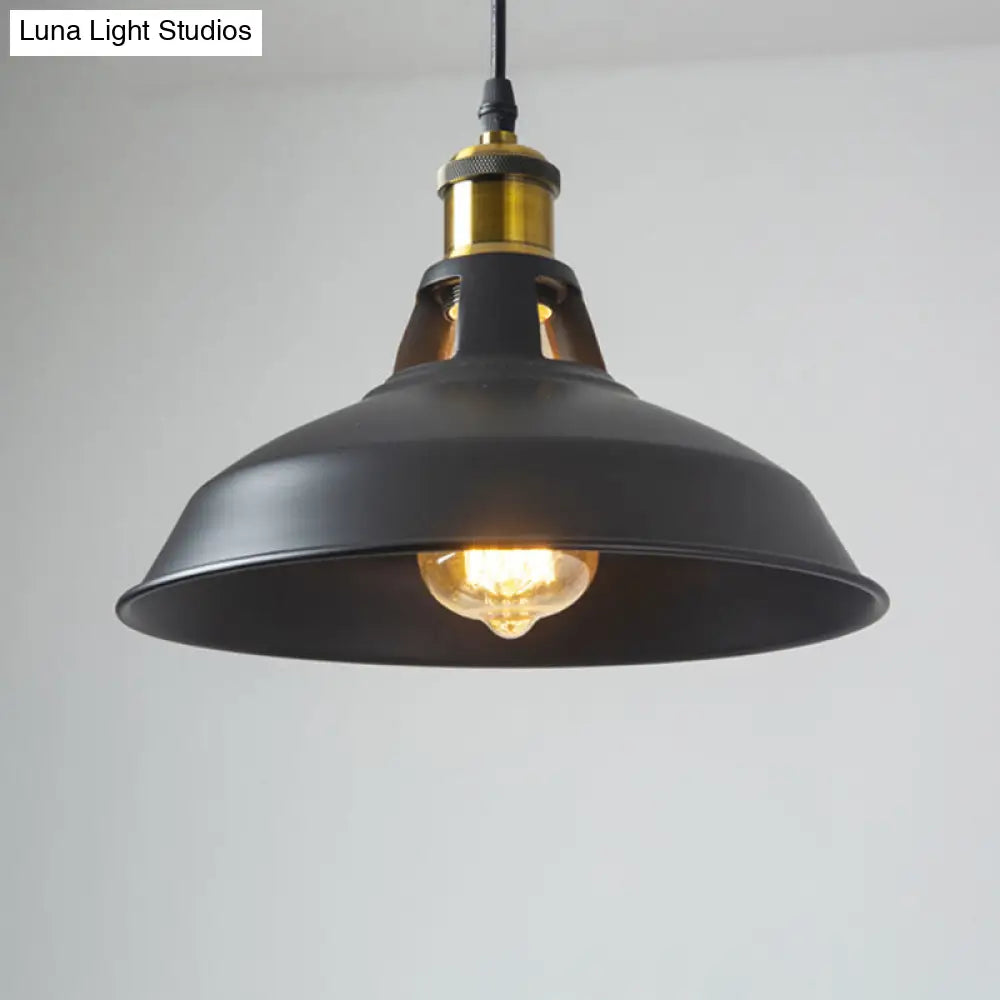 Rustic Pot-Lid Suspension Lighting: 1-Head Iron Hanging Light With Venting Hole For Bar Black / 10.5