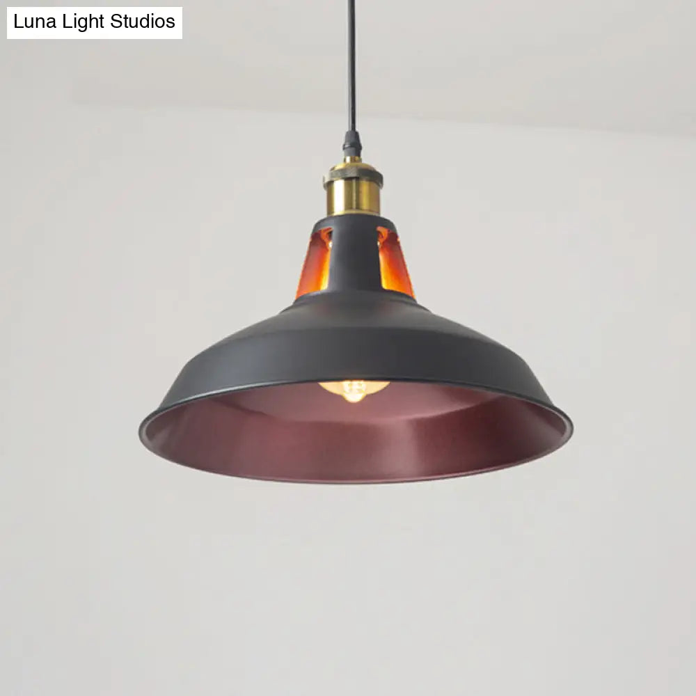 Rustic Pot-Lid Suspension Lighting: 1-Head Iron Hanging Light With Venting Hole For Bar Burgundy /