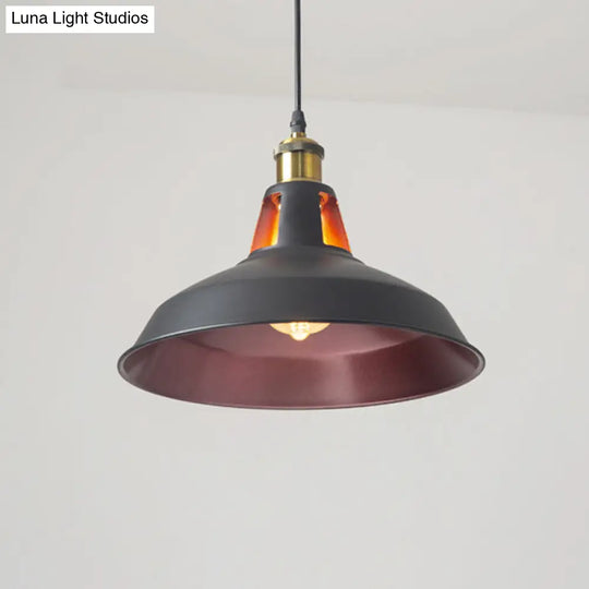 Rustic Pot-Lid Suspension Lighting: 1-Head Iron Hanging Light With Venting Hole For Bar Burgundy /