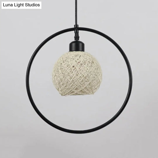 Rustic Rattan Ball Shade Hanging Light - Beige/White Single Pendant Lamp With Black Metal Ring