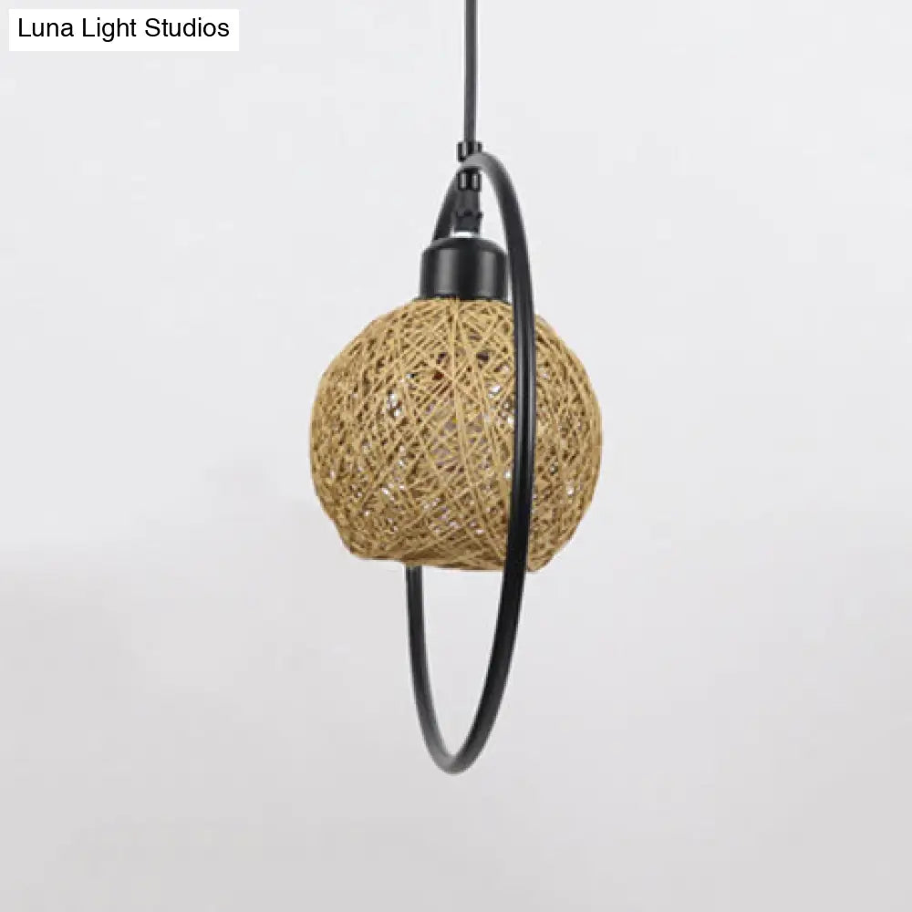 Rustic Rattan Ball Shade Hanging Light - Beige/White Single Pendant Lamp With Black Metal Ring