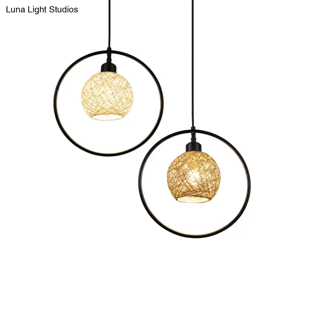 Rustic Rattan Ball Shade Hanging Light - Beige/White Single Pendant Lamp With Black Metal Ring