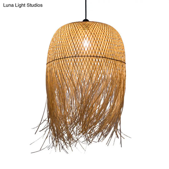 Rustic Rattan Fringe Pendant Light - Beige Single-Bulb Dining Room Hanging Lamp In 6’/10’/18’ Width