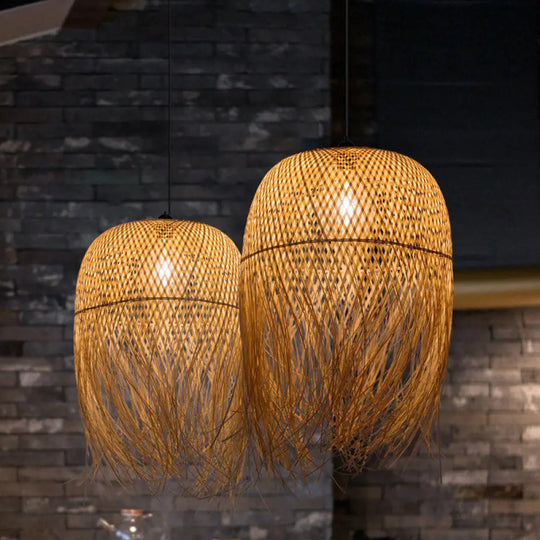 Rustic Rattan Fringe Pendant Light - Beige Single-Bulb Dining Room Hanging Lamp In 6’/10’/18’