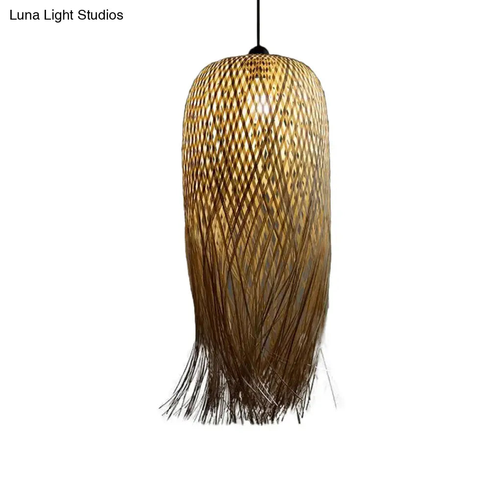 Rustic Rattan Fringe Pendant Light - Beige | Single-Bulb 6/10/18 Wide Hanging Lamp For Dining Room