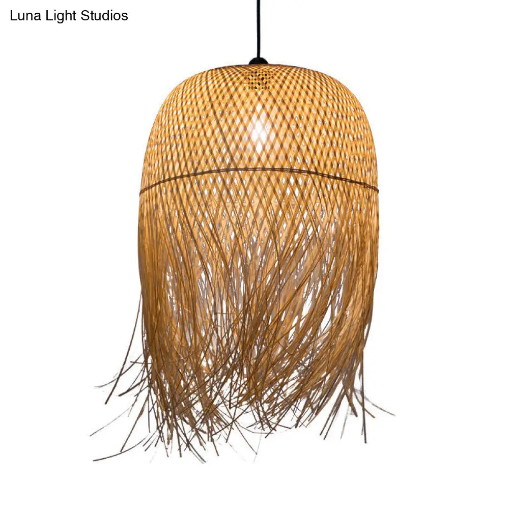 Rustic Rattan Fringe Pendant Light - Beige | Single-Bulb 6/10/18 Wide Hanging Lamp For Dining Room