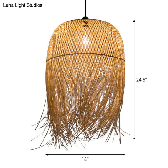 Rustic Rattan Fringe Pendant Light - Beige | Single-Bulb 6/10/18 Wide Hanging Lamp For Dining Room