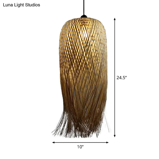 Rustic Rattan Fringe Pendant Light - Beige Single-Bulb Dining Room Hanging Lamp In 6’/10’/18’ Width