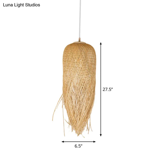 Rustic Rattan Fringe Pendant Light - Beige Single-Bulb Dining Room Hanging Lamp In 6’/10’/18’ Width