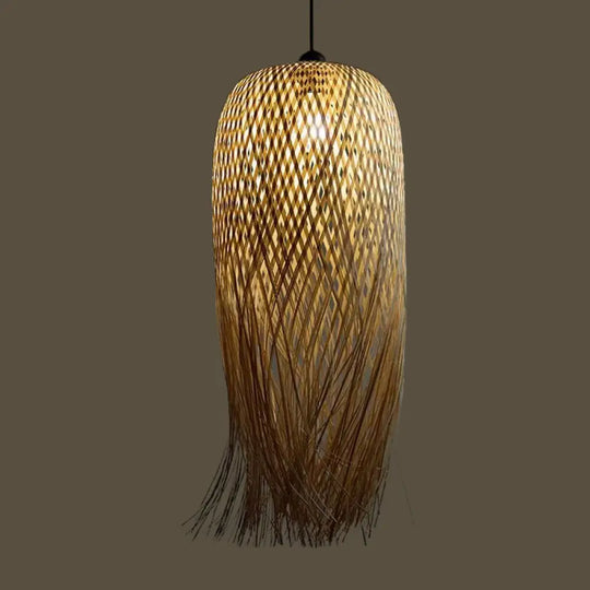 Rustic Rattan Fringe Pendant Light - Beige Single-Bulb Dining Room Hanging Lamp In 6’/10’/18’