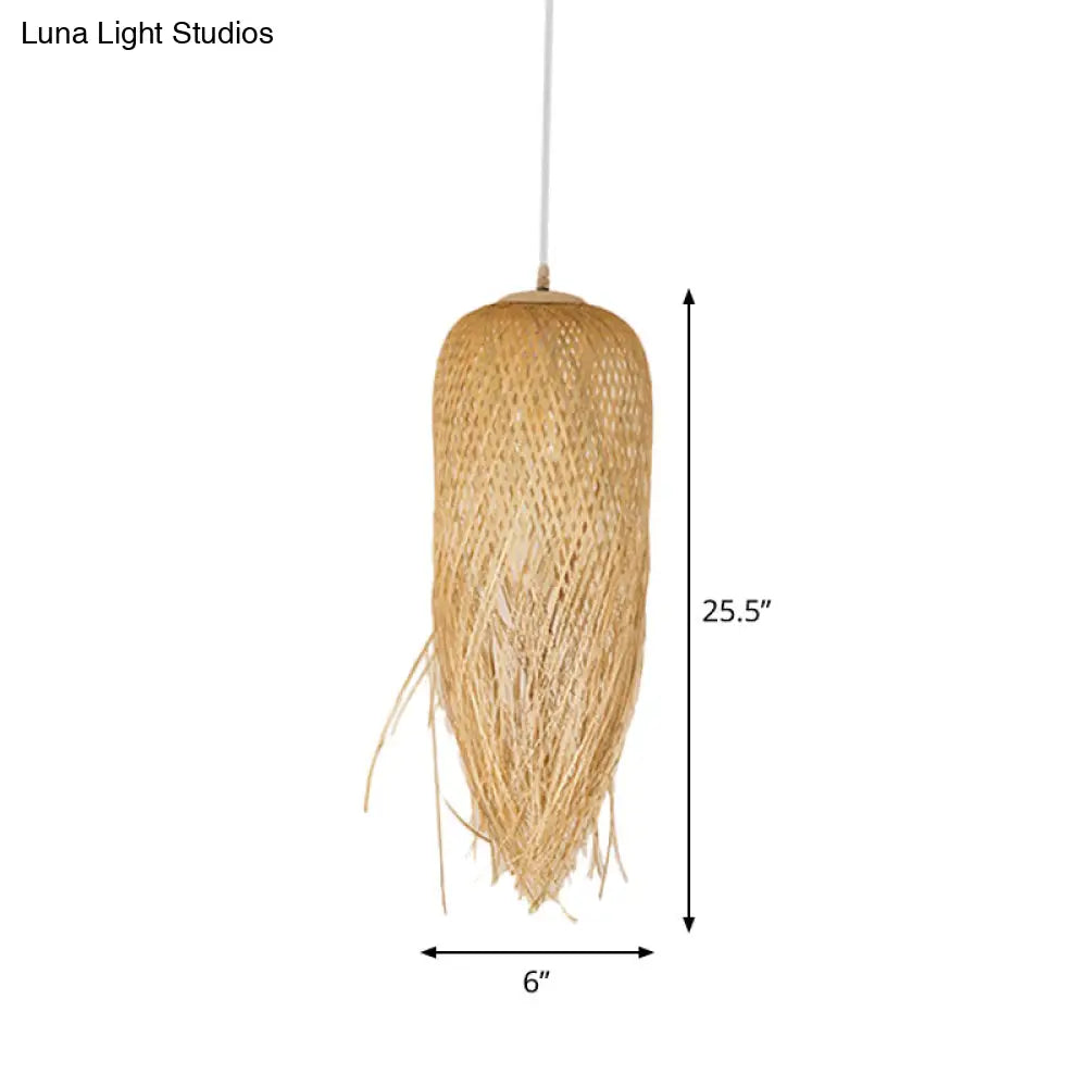 Rustic Rattan Fringe Pendant Light - Beige Single-Bulb Dining Room Hanging Lamp In 6’/10’/18’ Width