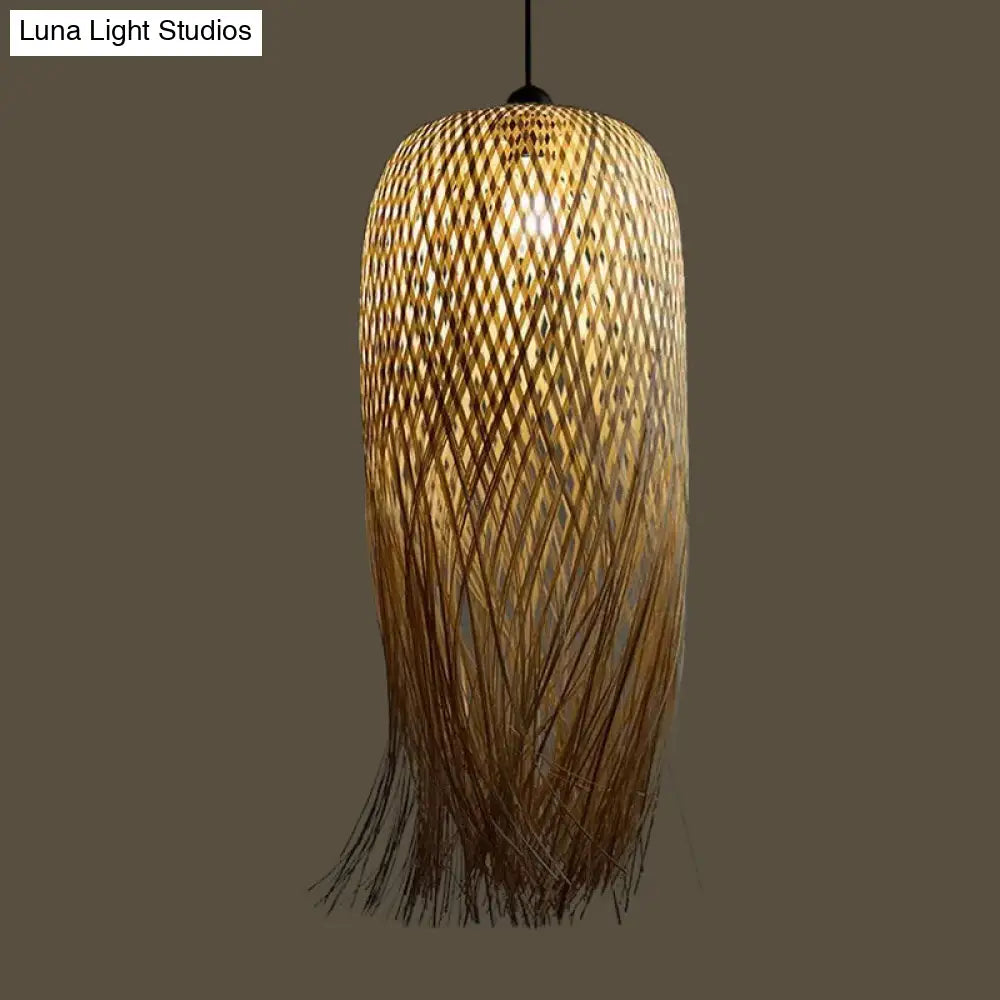 Rustic Rattan Fringe Pendant Light - Beige | Single-Bulb 6/10/18 Wide Hanging Lamp For Dining Room /