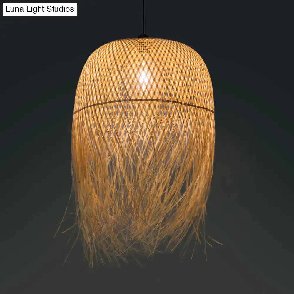 Rustic Rattan Fringe Pendant Light - Beige | Single-Bulb 6/10/18 Wide Hanging Lamp For Dining Room