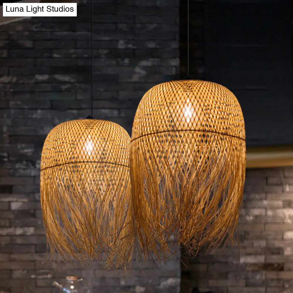 Rustic Rattan Fringe Pendant Light - Beige | Single-Bulb 6/10/18 Wide Hanging Lamp For Dining Room /